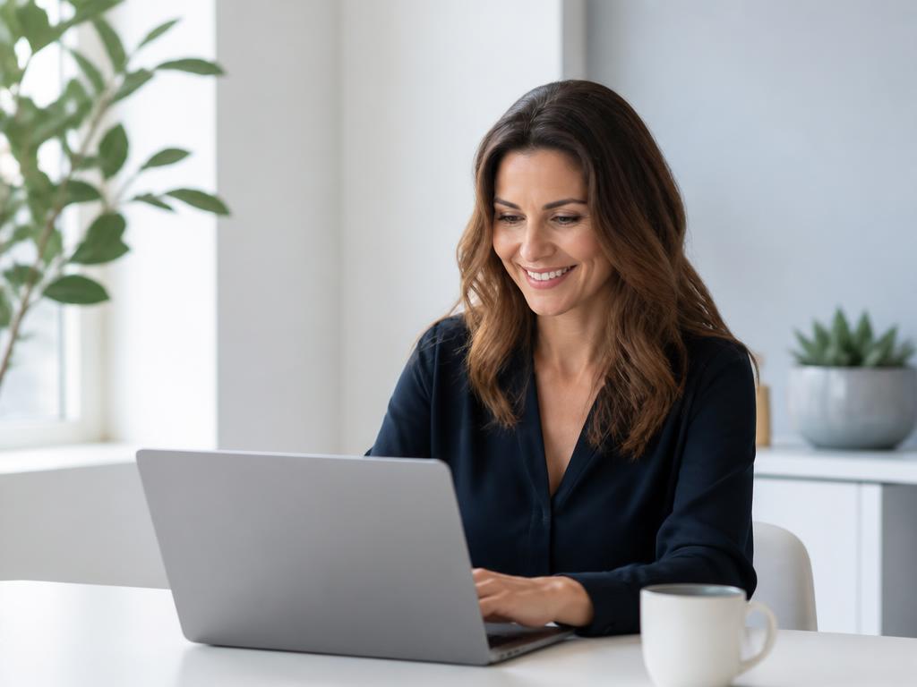 A business owner working at a clean, organised desk with a laptop
