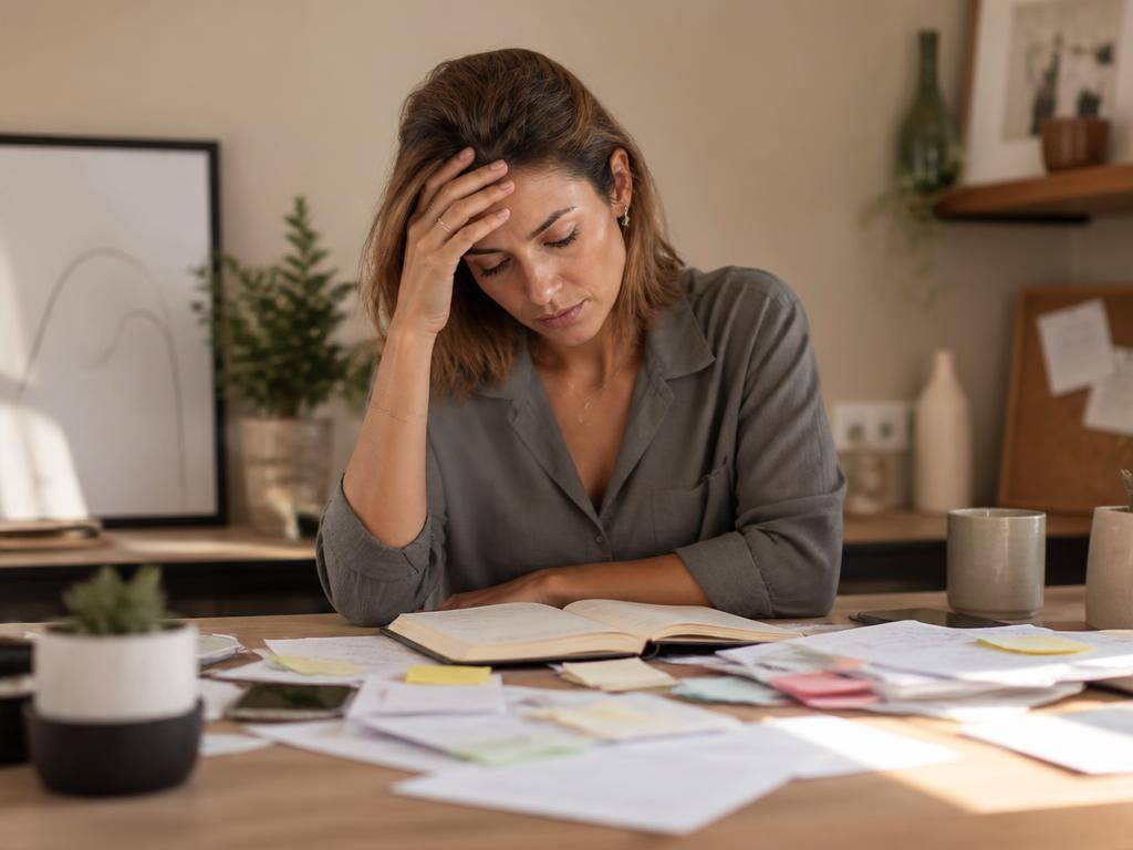 A business owner surrounded by paperwork and sticky notes